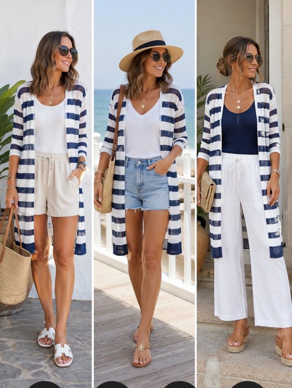 Sheer Navy White Striped Cardigan 3/4 Sleeves Coastal Capsule Nautical M